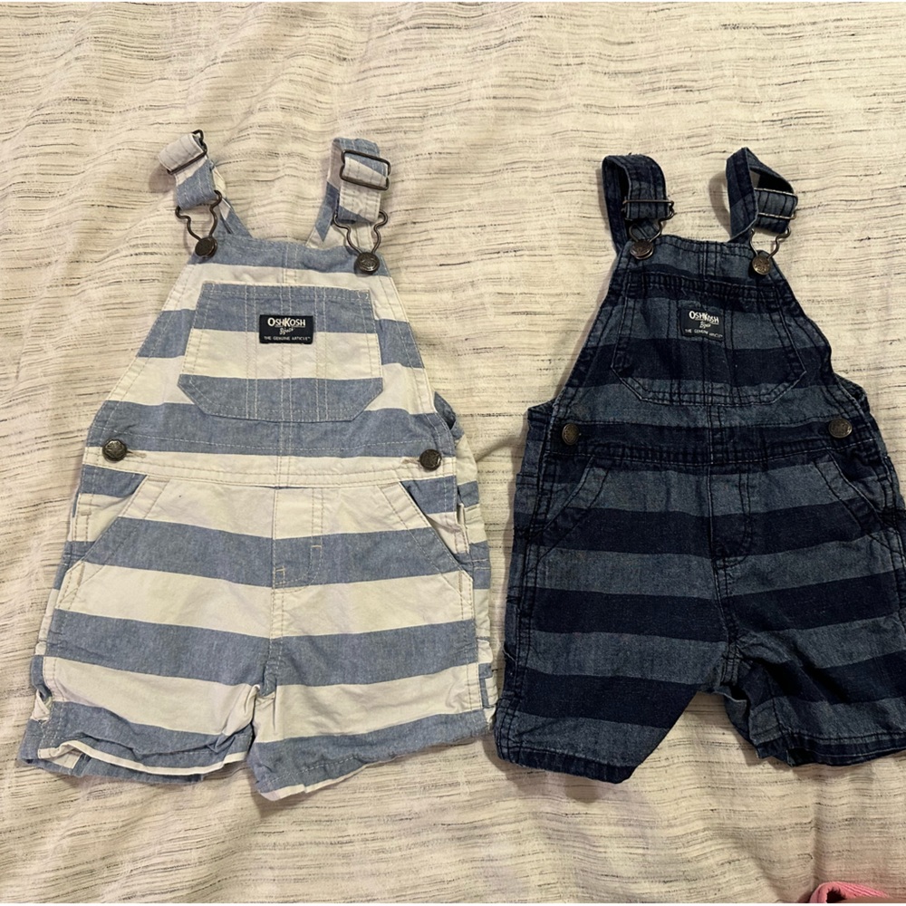 Bundle of two pairs of overalls, OshKosh B’Gosh stripe denim chambray